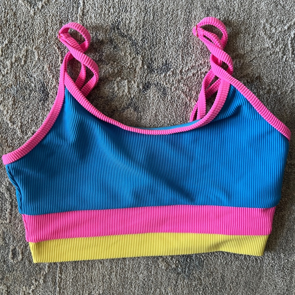 Beach Riot Blue Crop Tank with Pink & Yellow Colorblock Trim NEW without tags